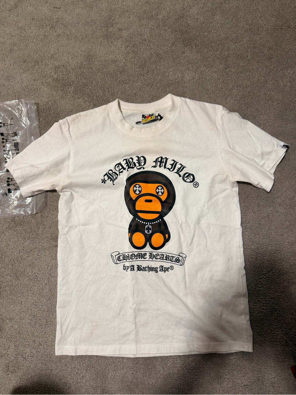 Bape White Tee with Orange & Black Baby Milo Graphic